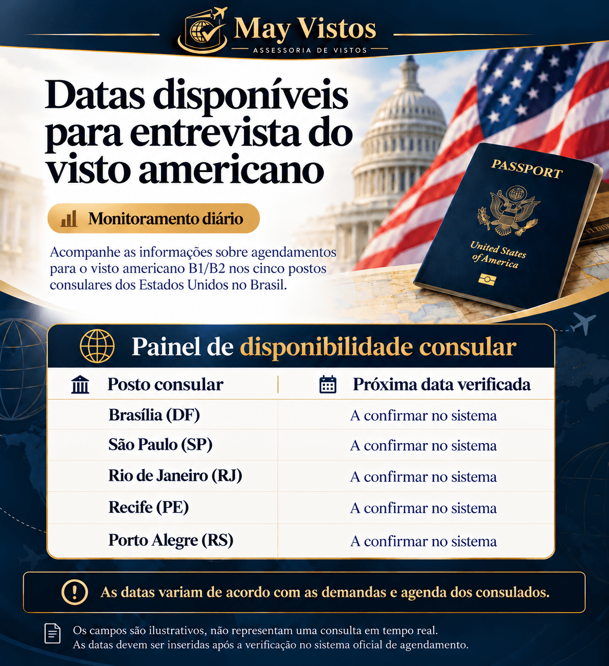 Datas disponíveis para entrevista do visto americano
